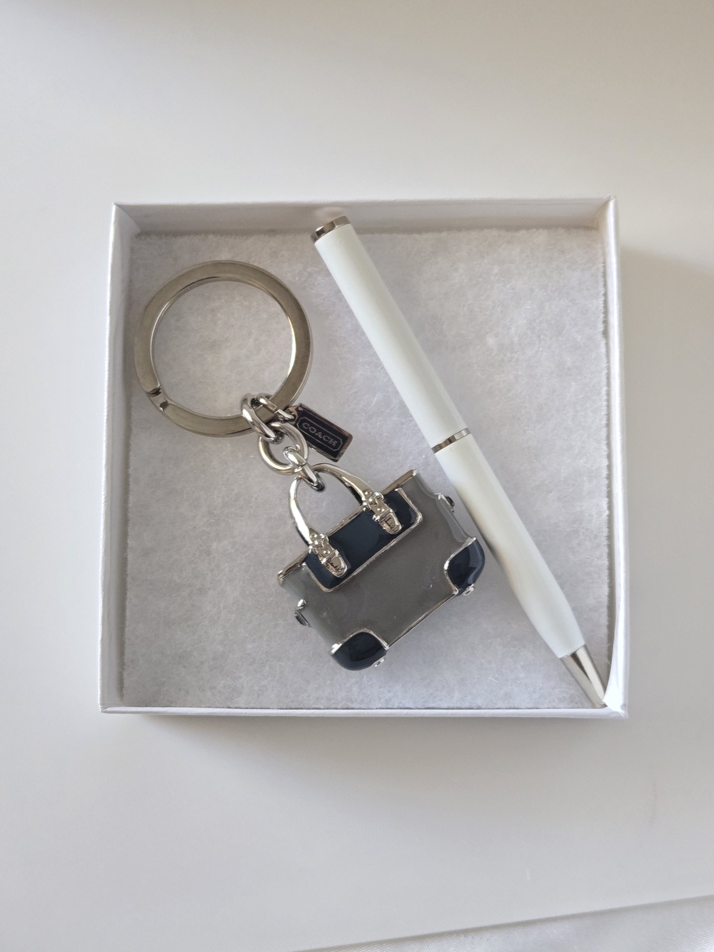 Coach Rare Vintage Gray 3D Gallery Tote Purse Keychain With Matching Pen